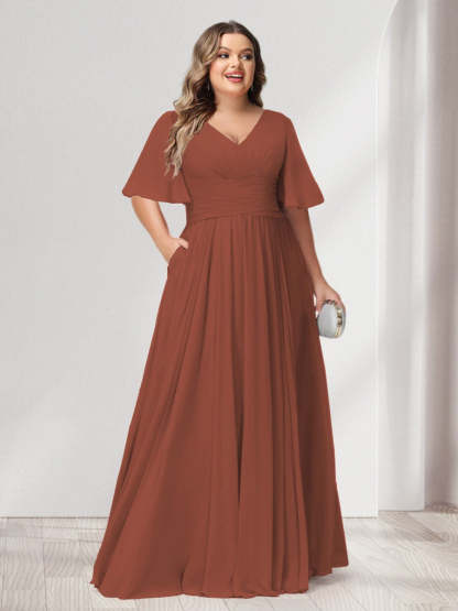 Plus Size Chiffon Bridesmaid Dresses with Pockets, A-Line/Princess V-Neck and Half Sleeves