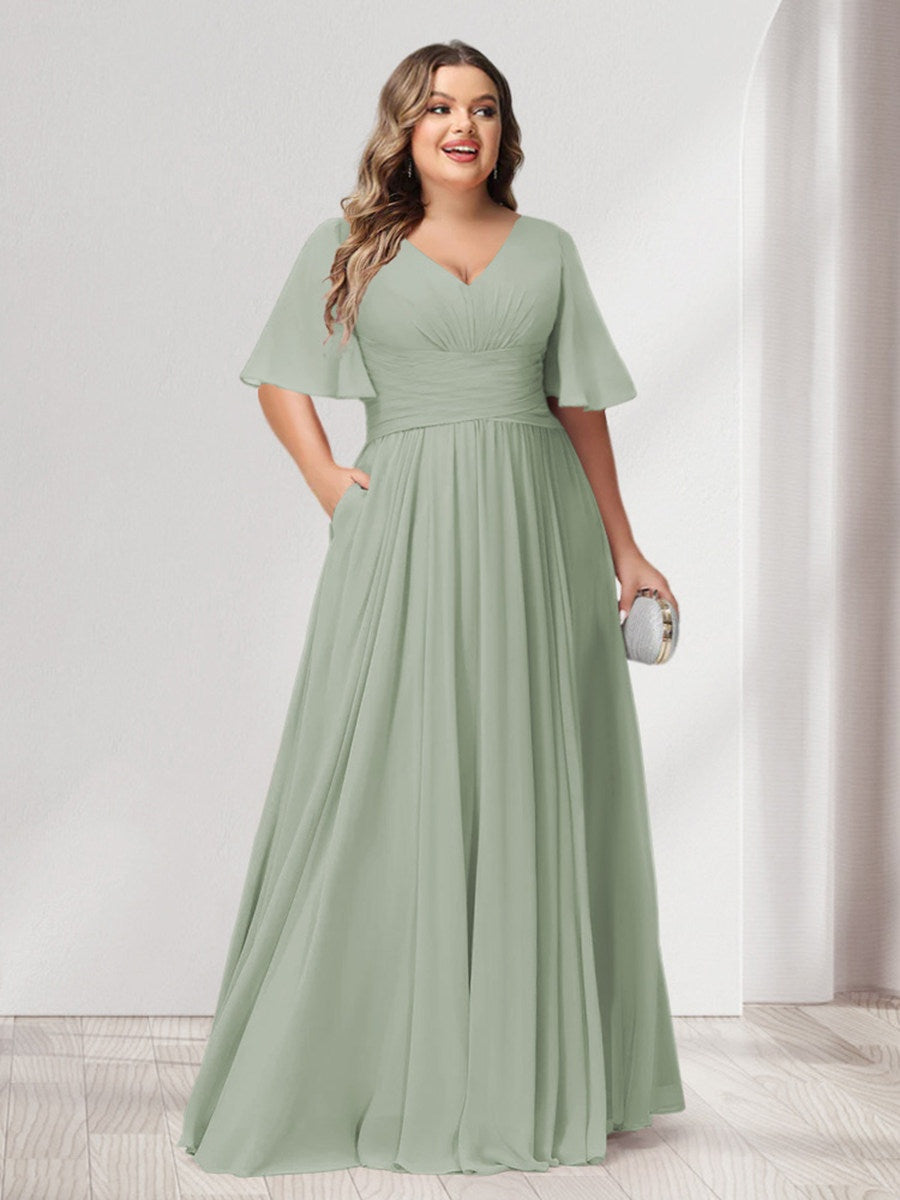 Plus Size Chiffon Bridesmaid Dresses with Pockets, A-Line/Princess V-Neck and Half Sleeves