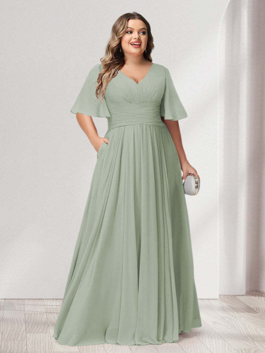 Plus Size Chiffon Bridesmaid Dresses with Pockets, A-Line/Princess V-Neck and Half Sleeves