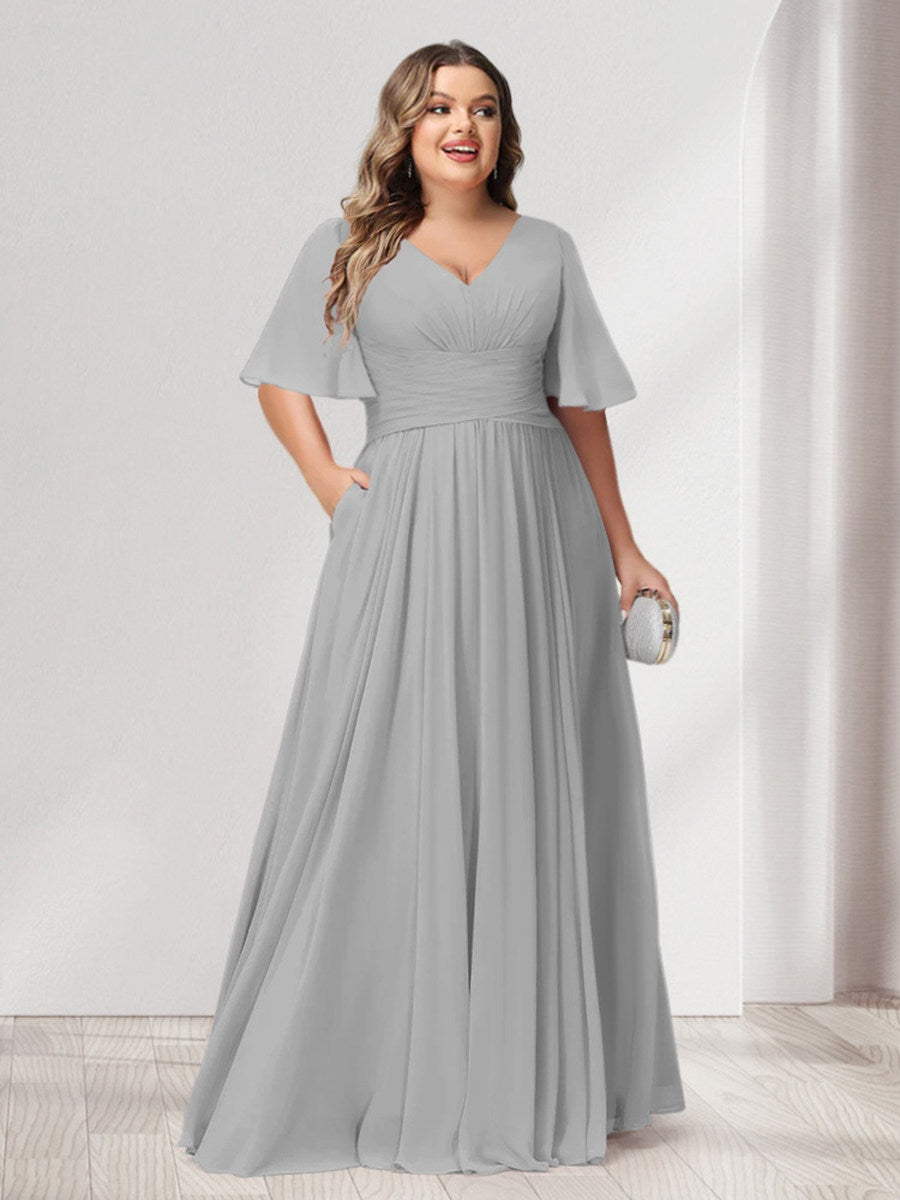 Plus Size Chiffon Bridesmaid Dresses with Pockets, A-Line/Princess V-Neck and Half Sleeves