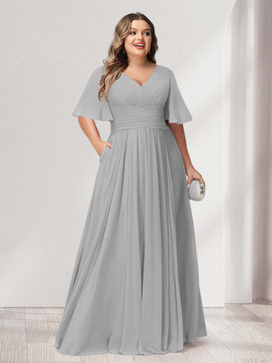 Plus Size Chiffon Bridesmaid Dresses with Pockets, A-Line/Princess V-Neck and Half Sleeves