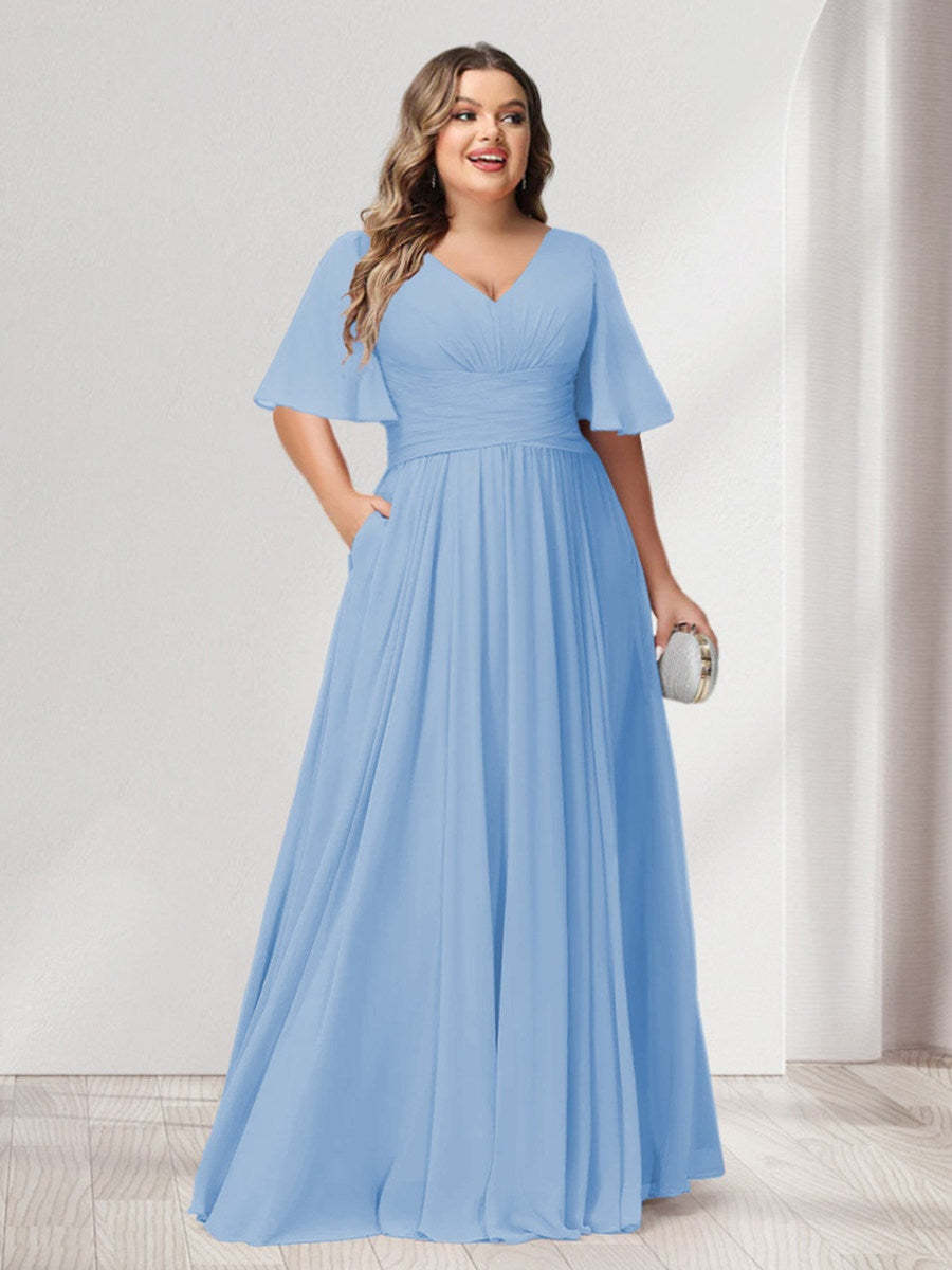 Plus Size Chiffon Bridesmaid Dresses with Pockets, A-Line/Princess V-Neck and Half Sleeves