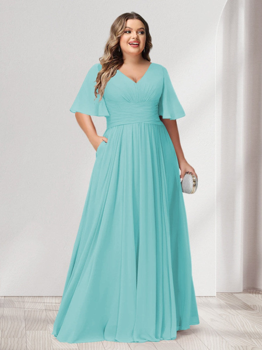Plus Size Chiffon Bridesmaid Dresses with Pockets, A-Line/Princess V-Neck and Half Sleeves