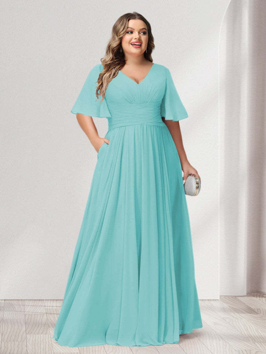 Plus Size Chiffon Bridesmaid Dresses with Pockets, A-Line/Princess V-Neck and Half Sleeves