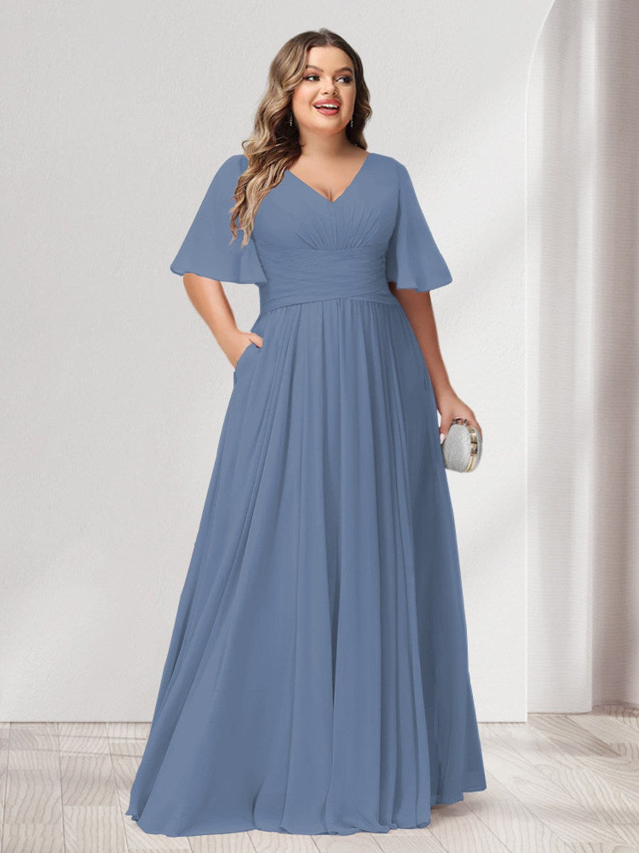 Plus Size Chiffon Bridesmaid Dresses with Pockets, A-Line/Princess V-Neck and Half Sleeves