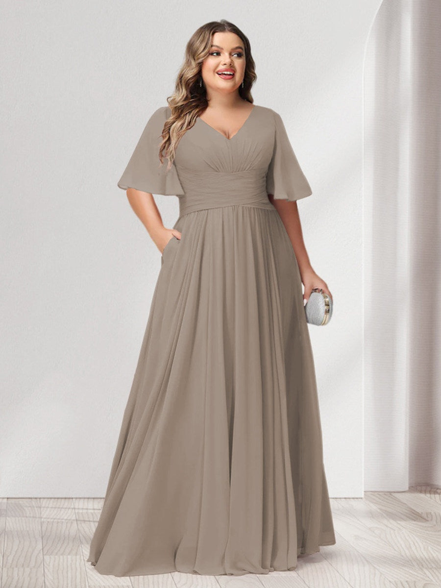 Plus Size Chiffon Bridesmaid Dresses with Pockets, A-Line/Princess V-Neck and Half Sleeves