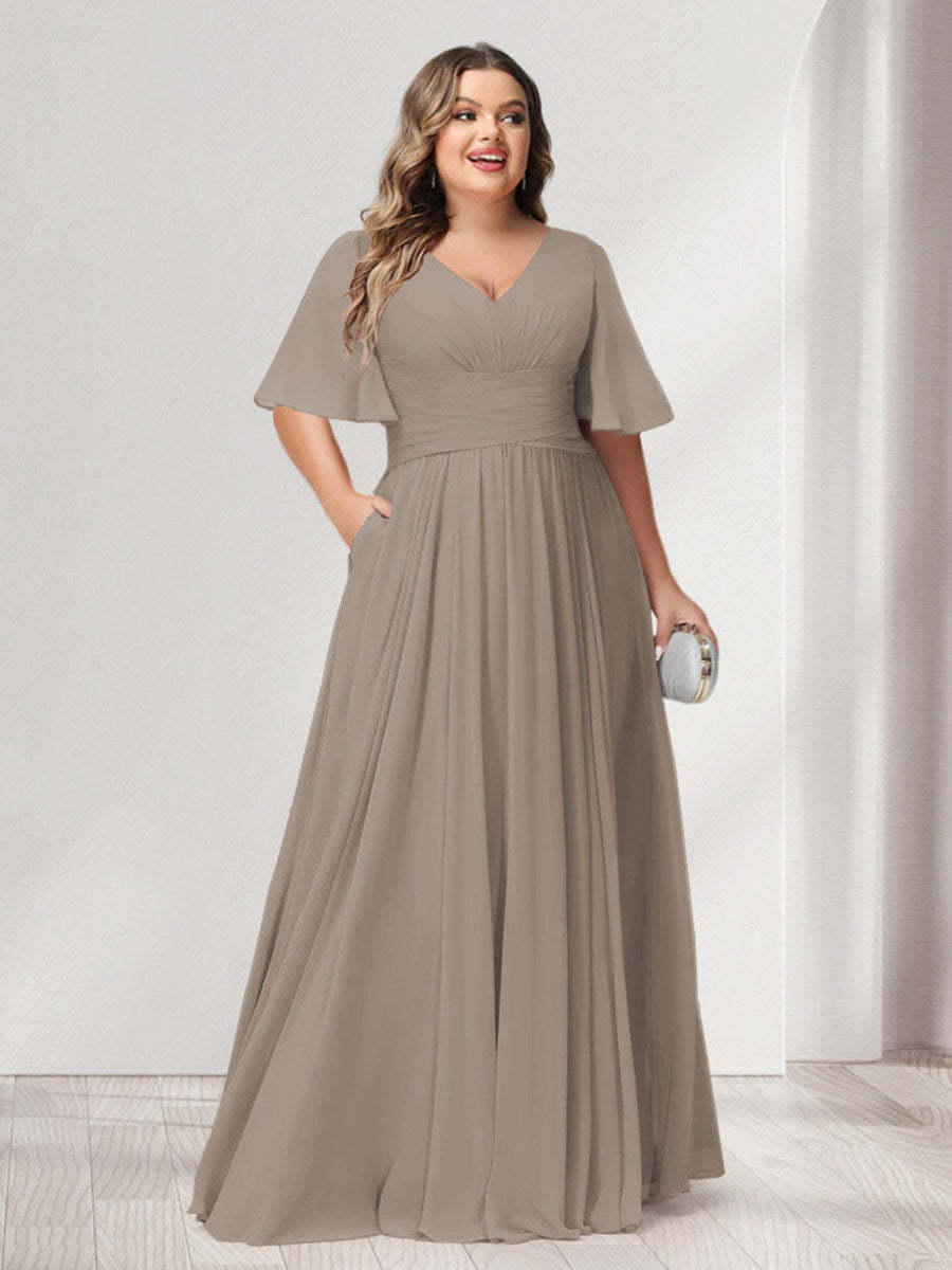 Plus Size Chiffon Bridesmaid Dresses with Pockets, A-Line/Princess V-Neck and Half Sleeves