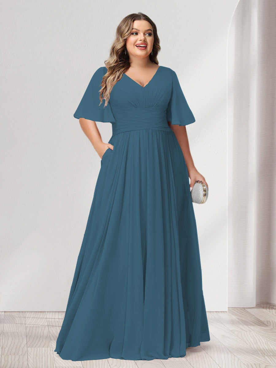 Plus Size Chiffon Bridesmaid Dresses with Pockets, A-Line/Princess V-Neck and Half Sleeves
