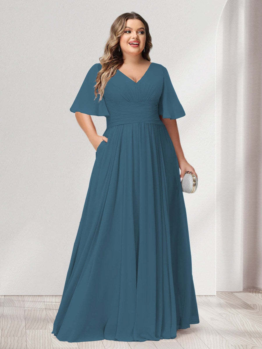 Plus Size Chiffon Bridesmaid Dresses with Pockets, A-Line/Princess V-Neck and Half Sleeves