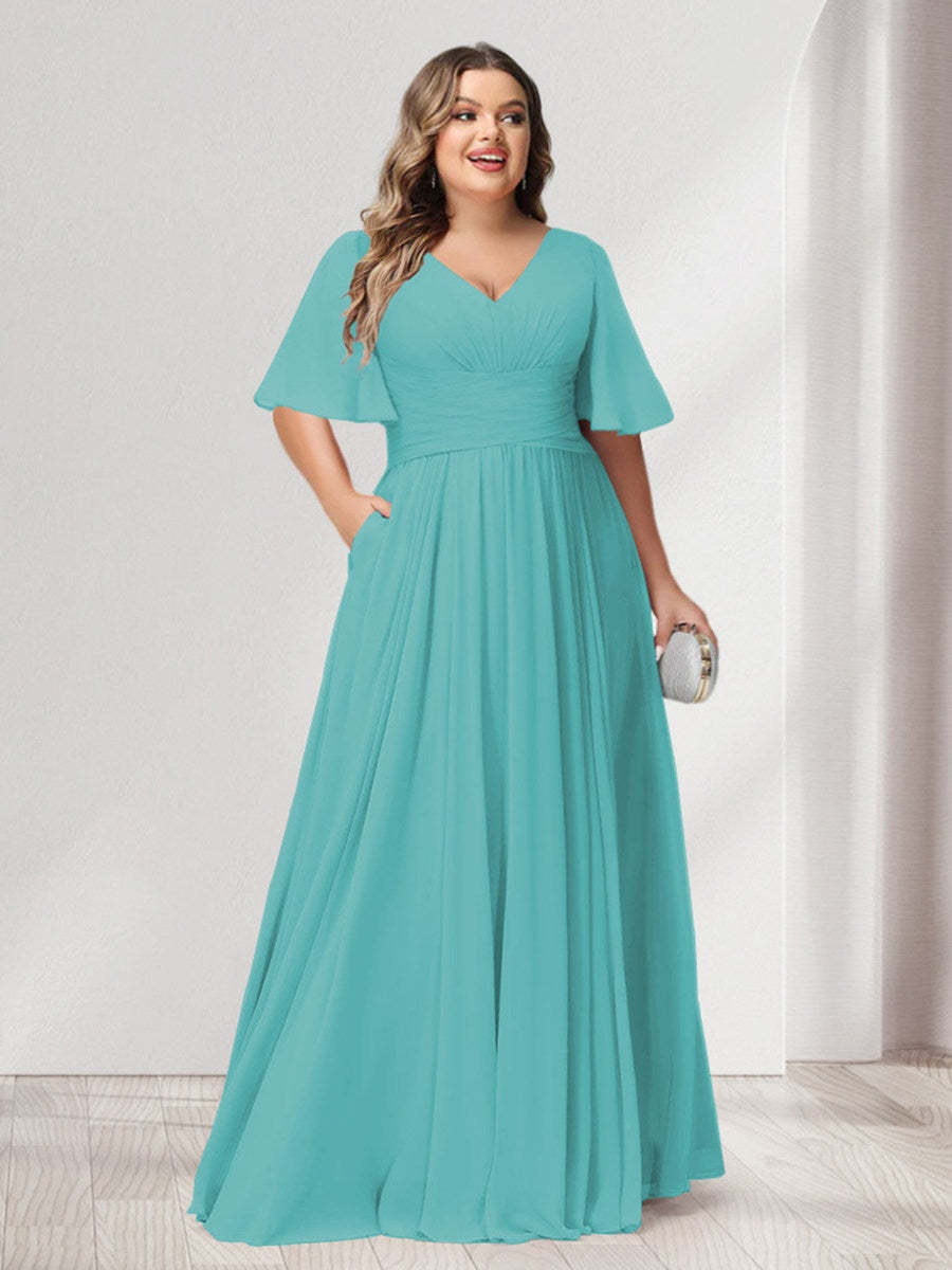 Plus Size Chiffon Bridesmaid Dresses with Pockets, A-Line/Princess V-Neck and Half Sleeves