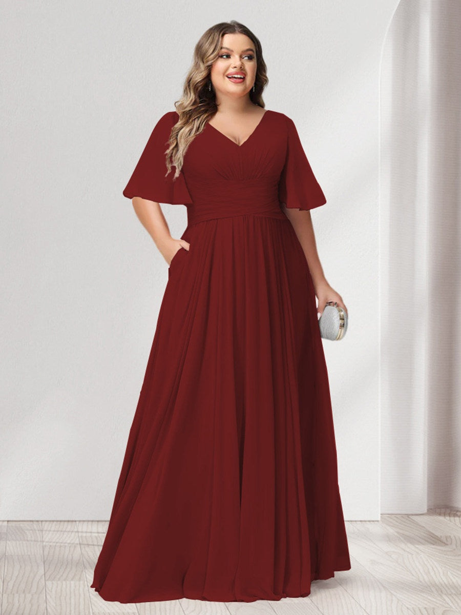 Plus Size Chiffon Bridesmaid Dresses with Pockets, A-Line/Princess V-Neck and Half Sleeves