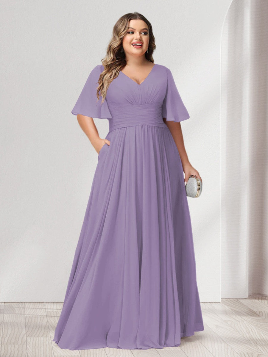 Plus Size Chiffon Bridesmaid Dresses with Pockets, A-Line/Princess V-Neck and Half Sleeves