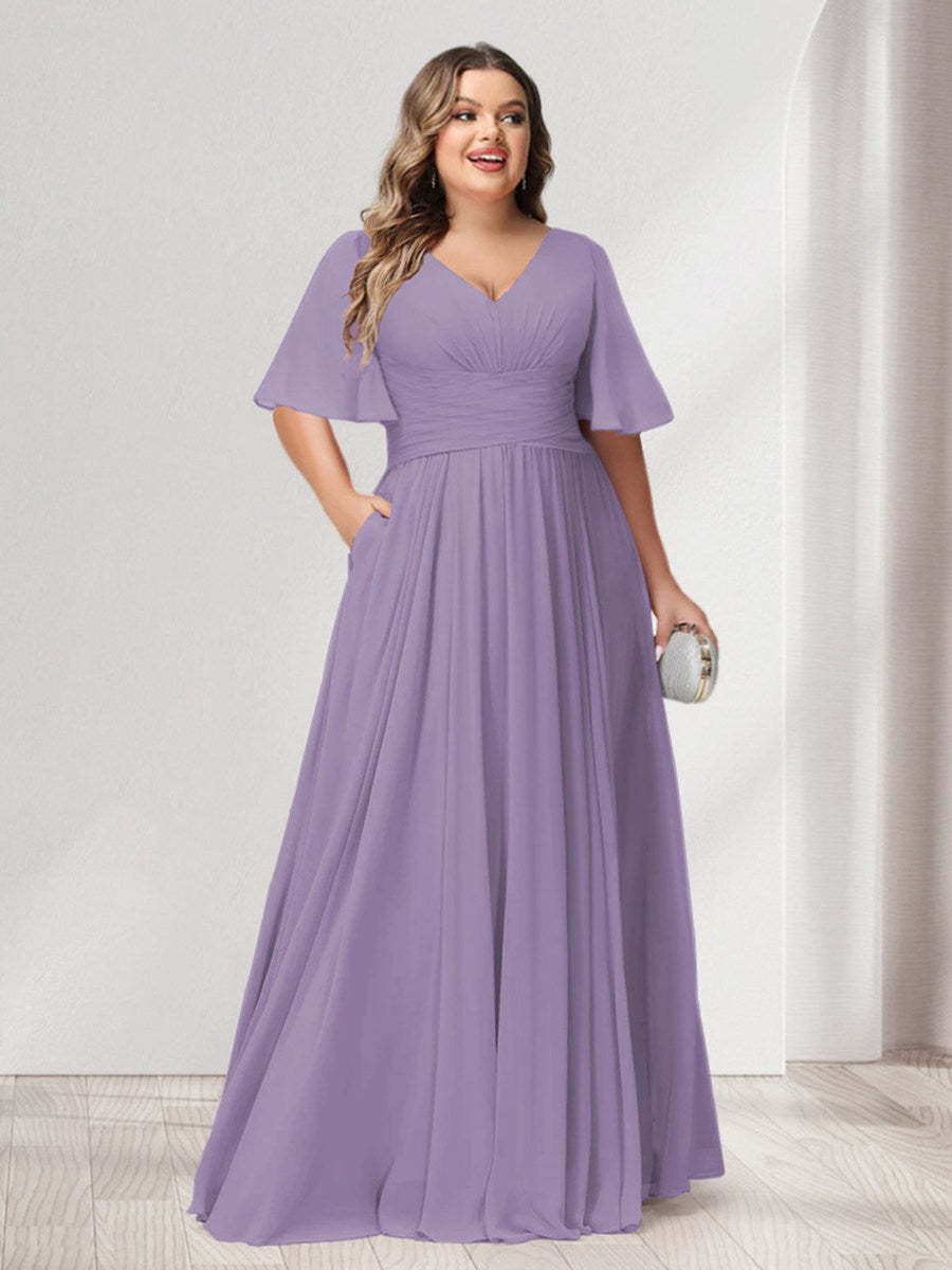 Plus Size Chiffon Bridesmaid Dresses with Pockets, A-Line/Princess V-Neck and Half Sleeves