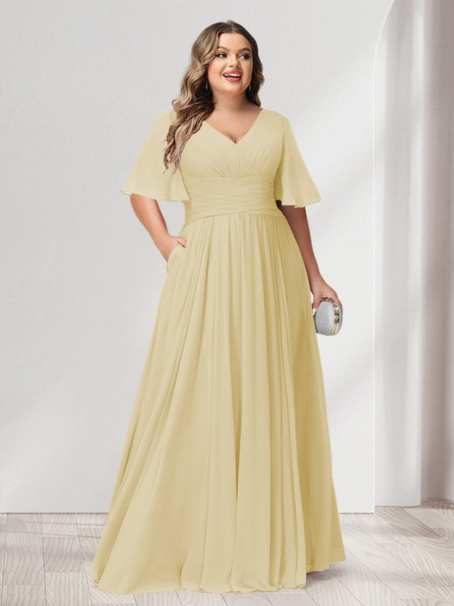 Plus Size Chiffon Bridesmaid Dresses with Pockets, A-Line/Princess V-Neck and Half Sleeves