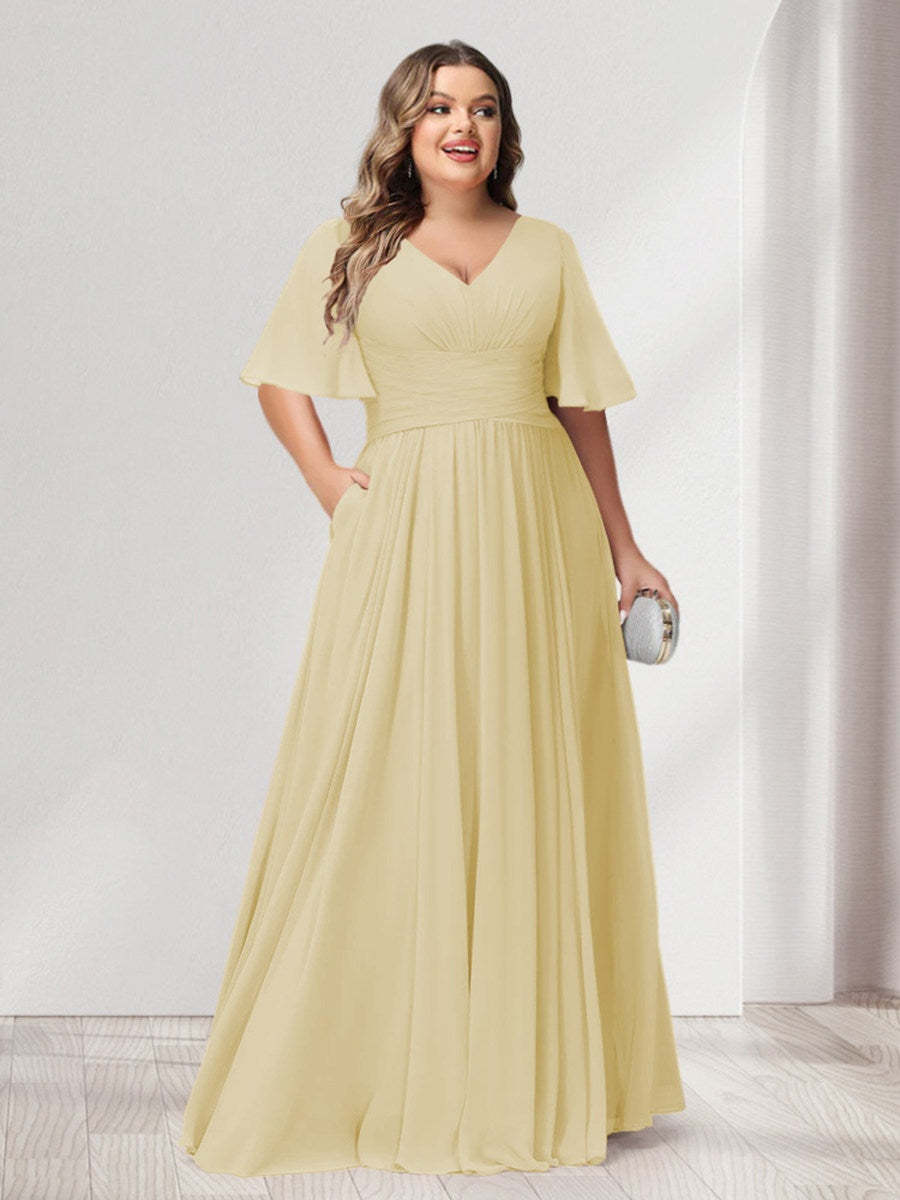 Plus Size Chiffon Bridesmaid Dresses with Pockets, A-Line/Princess V-Neck and Half Sleeves