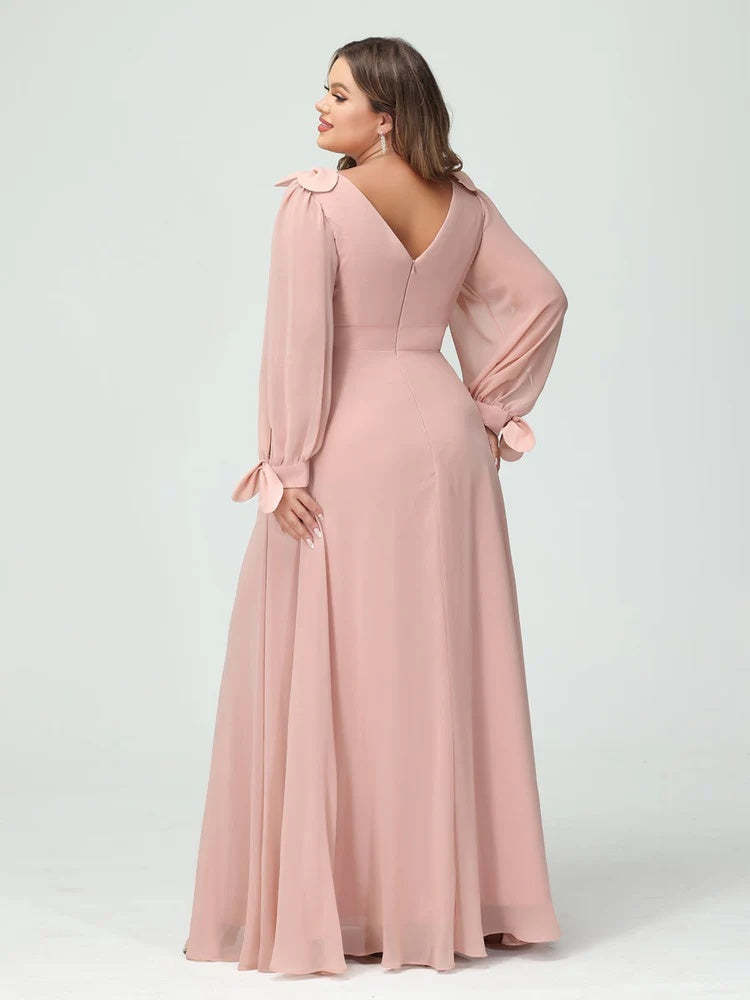 Plus Size Chiffon Bridesmaid Dress with Pockets – V-Neck A-Line Princess Cut and Long Sleeves
