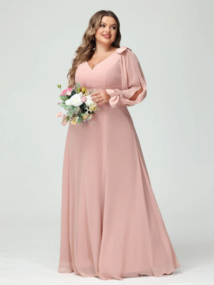 Plus Size Chiffon Bridesmaid Dress with Pockets – V-Neck A-Line Princess Cut and Long Sleeves