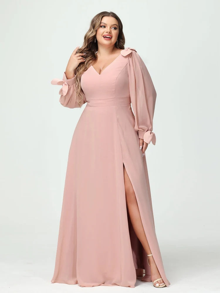 Plus Size Chiffon Bridesmaid Dress with Pockets – V-Neck A-Line Princess Cut and Long Sleeves