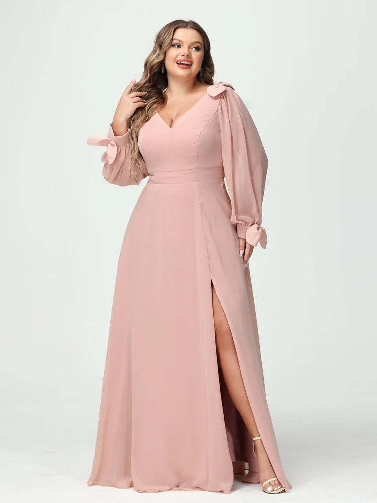 Plus Size Chiffon Bridesmaid Dress with Pockets – V-Neck A-Line Princess Cut and Long Sleeves