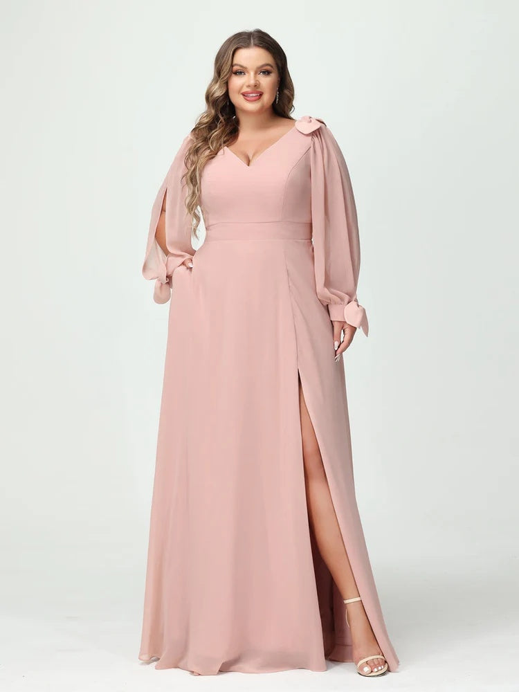 Plus Size Chiffon Bridesmaid Dress with Pockets – V-Neck A-Line Princess Cut and Long Sleeves