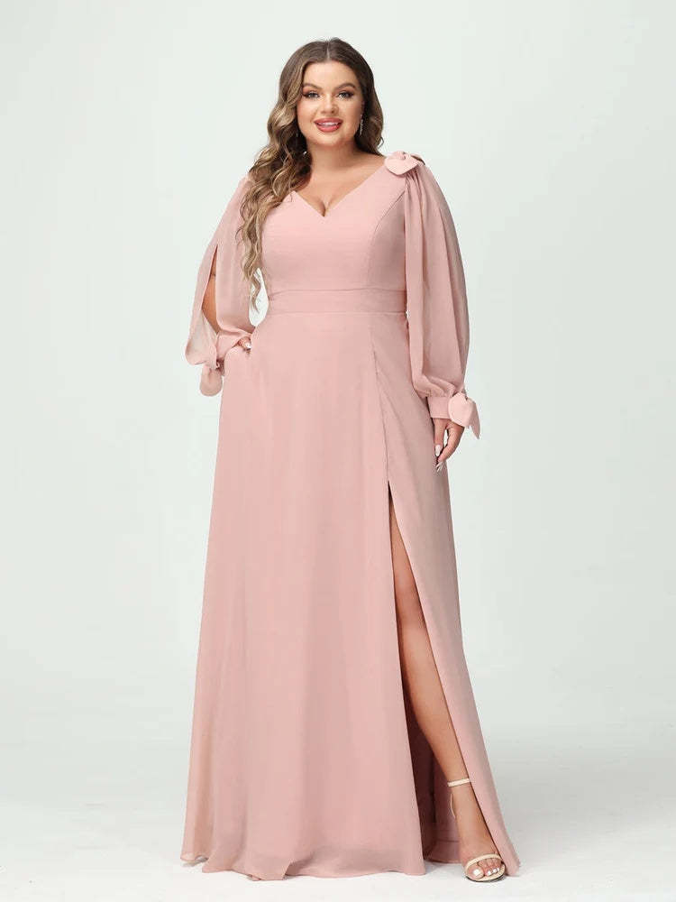 Plus Size Chiffon Bridesmaid Dress with Pockets – V-Neck A-Line Princess Cut and Long Sleeves