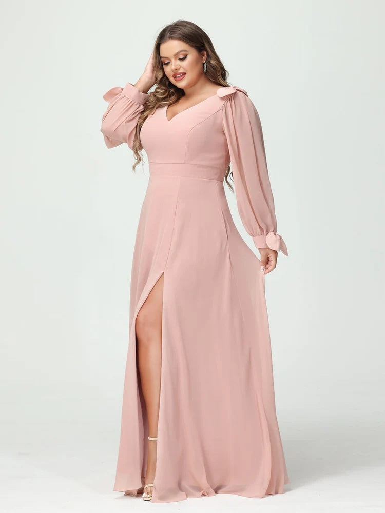 Plus Size Chiffon Bridesmaid Dress with Pockets – V-Neck A-Line Princess Cut and Long Sleeves