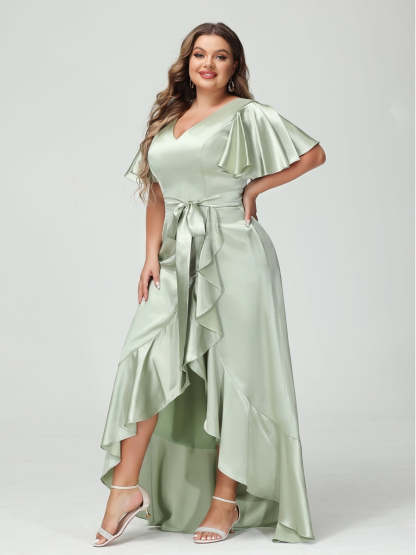 V-Neck Short Sleeve Asymmetrical Plus Size Dress with Ruffles, Pockets, and Sash