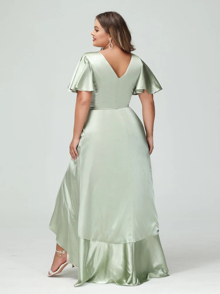 V-Neck Short Sleeve Asymmetrical Plus Size Dress with Ruffles, Pockets, and Sash
