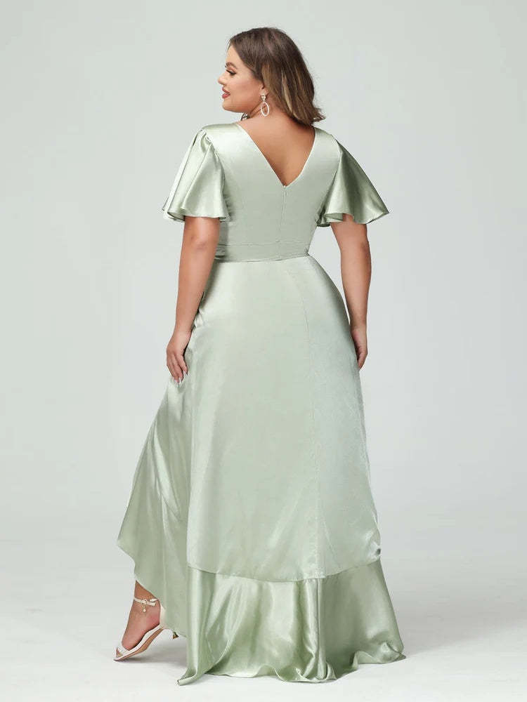 V-Neck Short Sleeve Asymmetrical Plus Size Dress with Ruffles, Pockets, and Sash