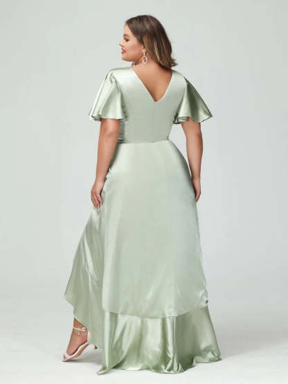 V-Neck Short Sleeve Asymmetrical Plus Size Dress with Ruffles, Pockets, and Sash