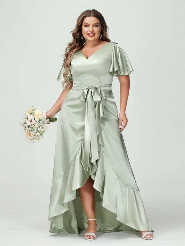 V-Neck Short Sleeve Asymmetrical Plus Size Dress with Ruffles, Pockets, and Sash