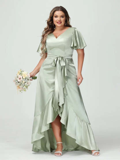 V-Neck Short Sleeve Asymmetrical Plus Size Dress with Ruffles, Pockets, and Sash