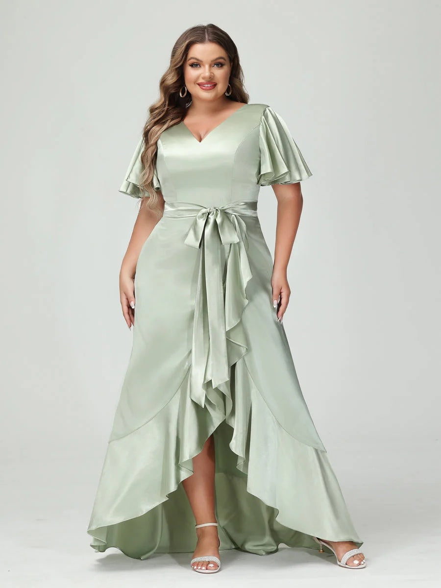 V-Neck Short Sleeve Asymmetrical Plus Size Dress with Ruffles, Pockets, and Sash