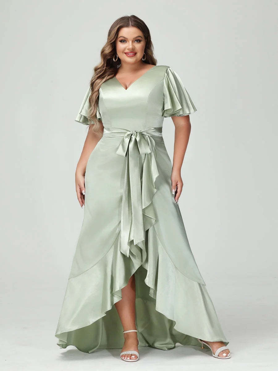 V-Neck Short Sleeve Asymmetrical Plus Size Dress with Ruffles, Pockets, and Sash