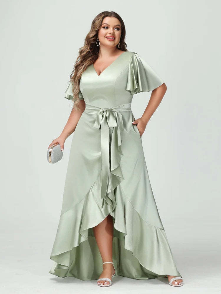 V-Neck Short Sleeve Asymmetrical Plus Size Dress with Ruffles, Pockets, and Sash