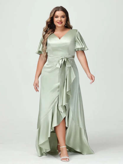 V-Neck Short Sleeve Asymmetrical Plus Size Dress with Ruffles, Pockets, and Sash