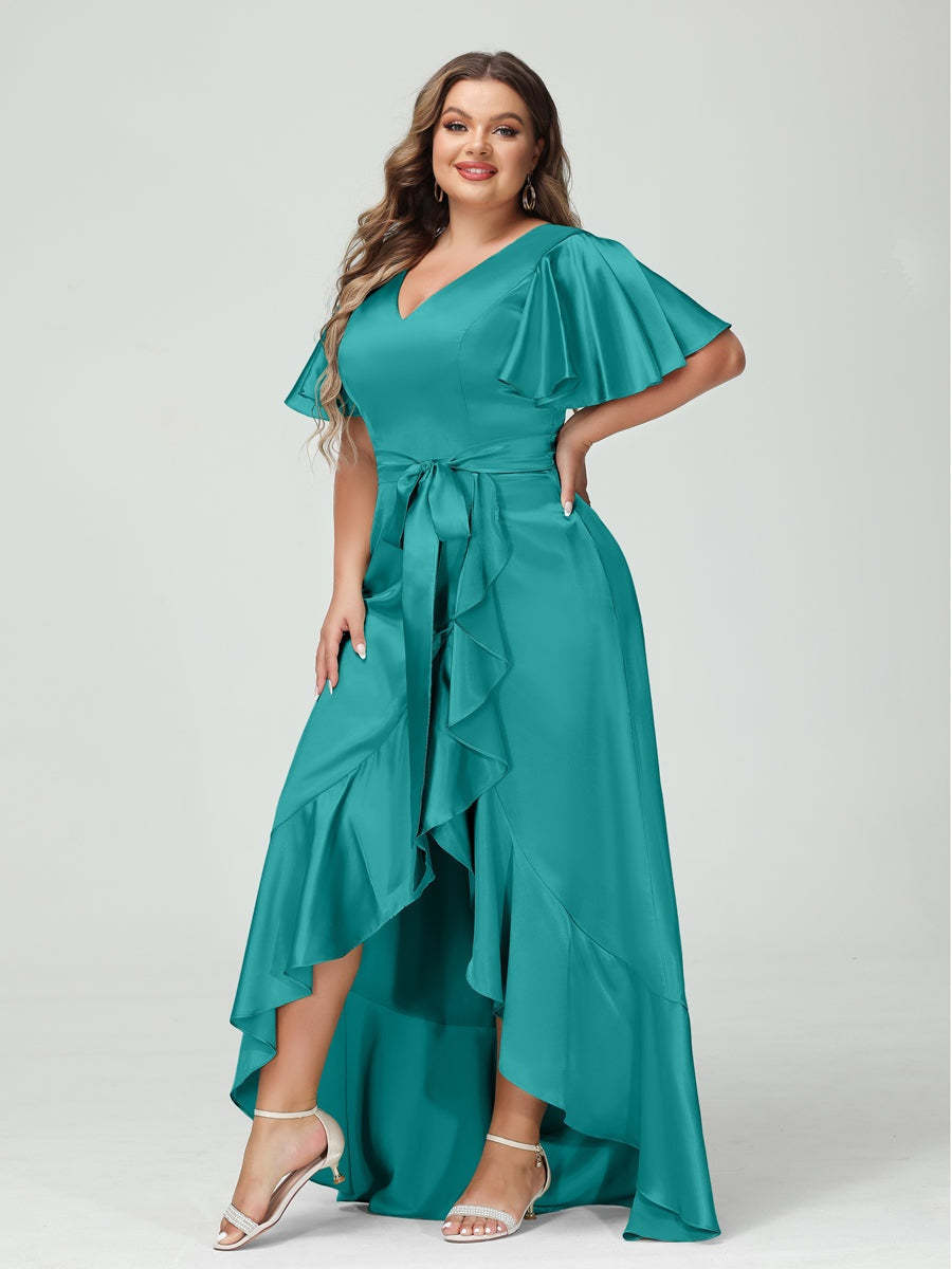 V-Neck Short Sleeve Asymmetrical Plus Size Dress with Ruffles, Pockets, and Sash