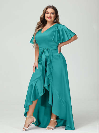 V-Neck Short Sleeve Asymmetrical Plus Size Dress with Ruffles, Pockets, and Sash