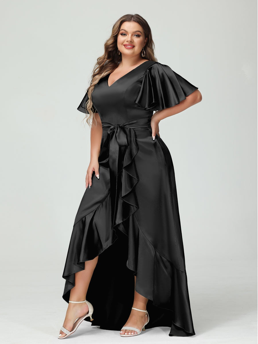 V-Neck Short Sleeve Asymmetrical Plus Size Dress with Ruffles, Pockets, and Sash