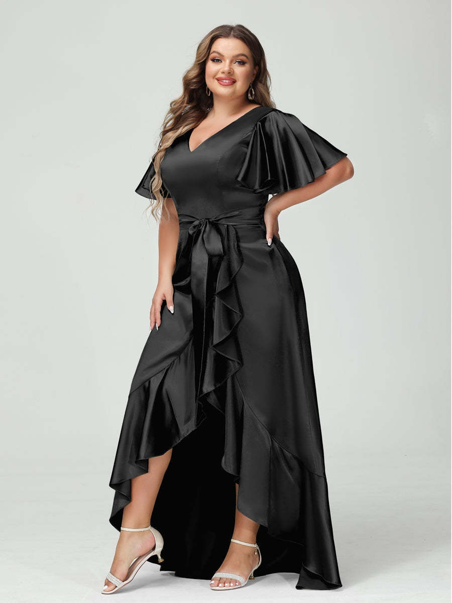 V-Neck Short Sleeve Asymmetrical Plus Size Dress with Ruffles, Pockets, and Sash