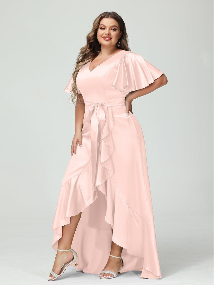 V-Neck Short Sleeve Asymmetrical Plus Size Dress with Ruffles, Pockets, and Sash