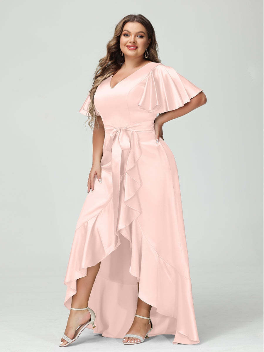 V-Neck Short Sleeve Asymmetrical Plus Size Dress with Ruffles, Pockets, and Sash