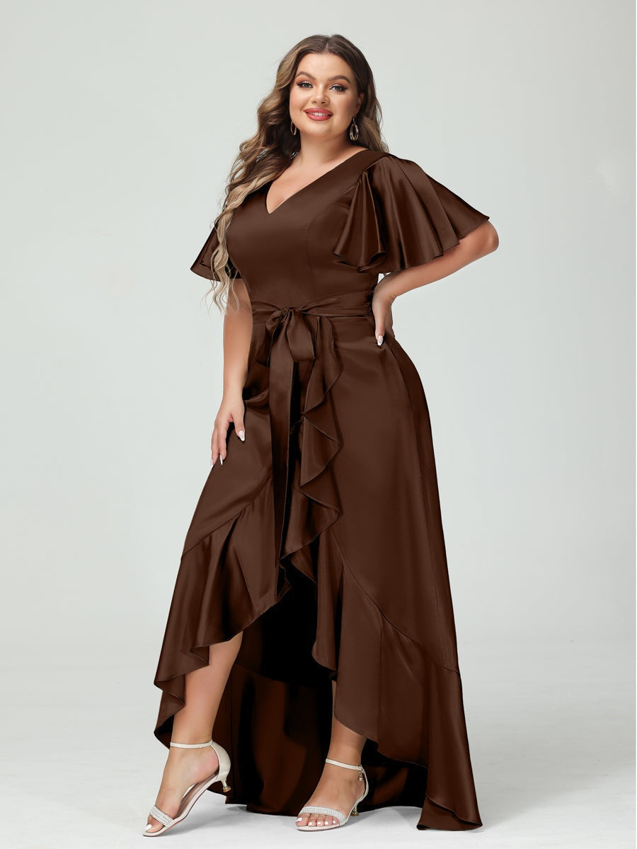 V-Neck Short Sleeve Asymmetrical Plus Size Dress with Ruffles, Pockets, and Sash
