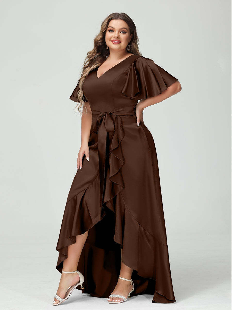 V-Neck Short Sleeve Asymmetrical Plus Size Dress with Ruffles, Pockets, and Sash