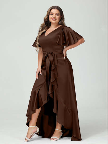 V-Neck Short Sleeve Asymmetrical Plus Size Dress with Ruffles, Pockets, and Sash