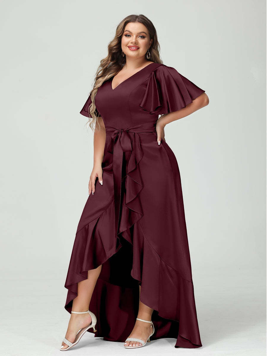 V-Neck Short Sleeve Asymmetrical Plus Size Dress with Ruffles, Pockets, and Sash