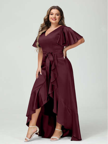 V-Neck Short Sleeve Asymmetrical Plus Size Dress with Ruffles, Pockets, and Sash
