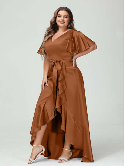 V-Neck Short Sleeve Asymmetrical Plus Size Dress with Ruffles, Pockets, and Sash