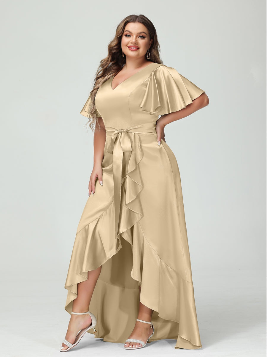 V-Neck Short Sleeve Asymmetrical Plus Size Dress with Ruffles, Pockets, and Sash
