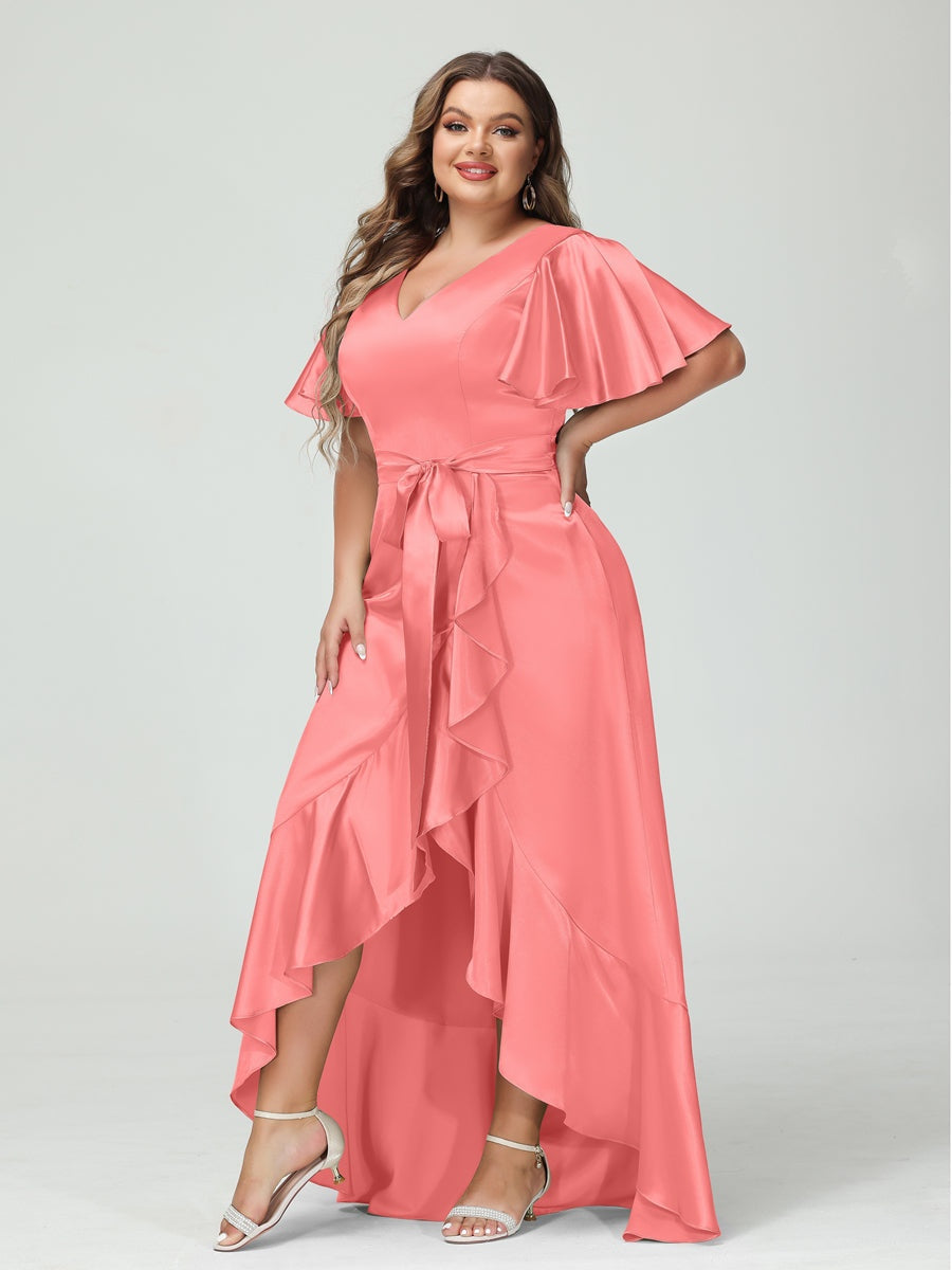 V-Neck Short Sleeve Asymmetrical Plus Size Dress with Ruffles, Pockets, and Sash